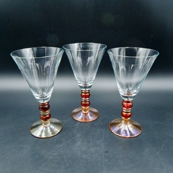 Handblown Wine Water Glasses Goblets Red Amber Beaded Stems 8 Inch - Picture 1 of 6